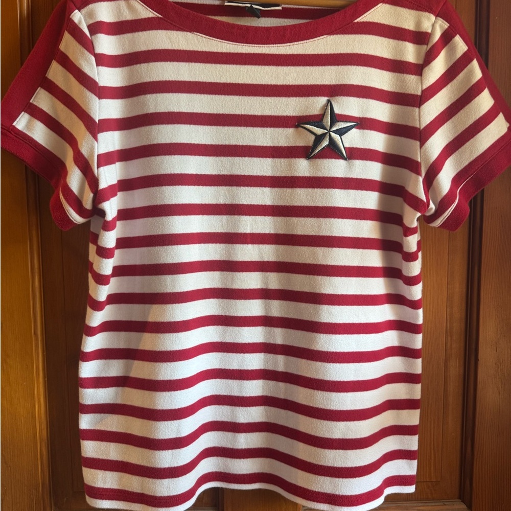 Karen Scott Red and White Striped Top with Navy Star Patch Accent